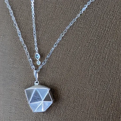 Prompt: a silver inlaid necklace with a house shaped diamond stone, photo realistic