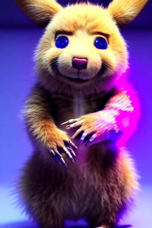 Image similar to hyperrealistic 3 d render post - cyberpunk very cute fluffy! wombat!! cyborg, mechanical paw, highly detailed, unreal engine cinematic smooth, in the style of detective pikachu, hannah yata charlie immer, neon purple light, low angle, uhd 8 k, sharp focus