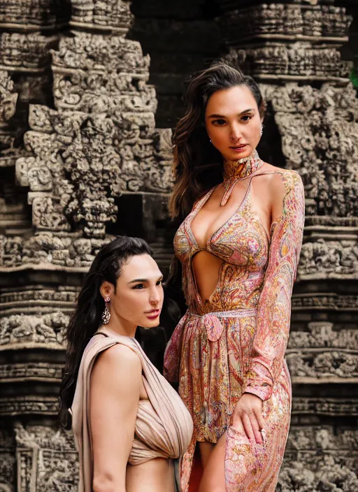 Image similar to portrait of gal gadot and lindsey pelas wearing kebaya in bali temple, by charlotte grimm, natural light, detailed face, beautiful features, symmetrical, canon eos c 3 0 0, ƒ 1. 8, 3 5 mm, 8 k, medium - format print, half body shot