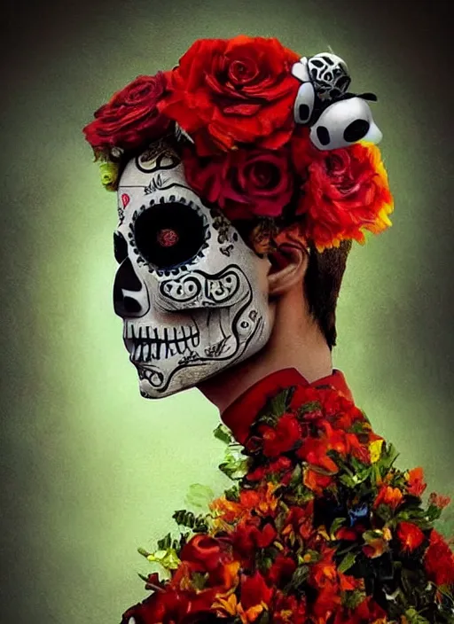 Image similar to dia de los muertos hombre theme surrealist art in the styles of igor morski, jim warren, and a tim burton film, intricate, hyperrealistic, accurate facial details, profile picture with chromakey!!!!! background, volumetric lighting