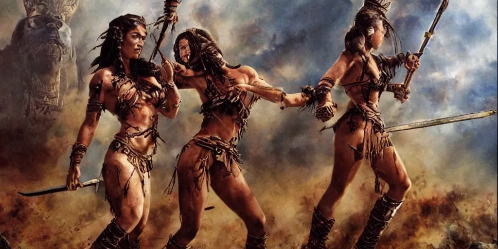 Image similar to movie, ancient Battlefield, beautiful brutal aztec and Amazonian females fight, epic, vintage, blood, slight inspiration of Boris vallejo and apocalypto