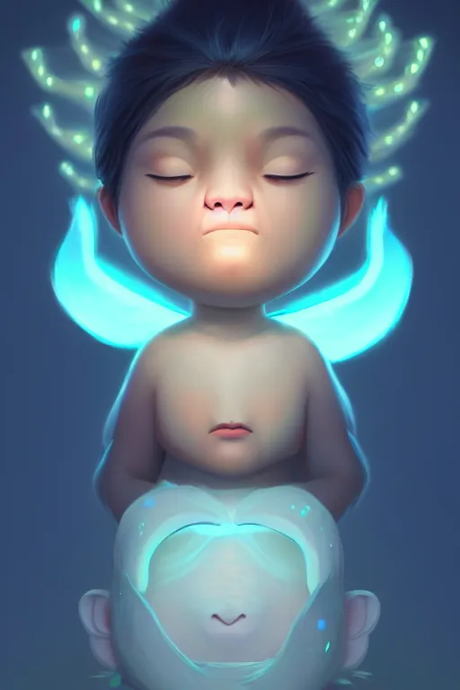 Image similar to super cute Bioluminescent wind deity character concept, only one face, soft light, soft mood, realistic body features and face, illustration, painting oil on canvas by Elena Zhurikhina and Goro Fujita and Charlie Bowater, octane render trending on artstation, 4k, 8k, HD