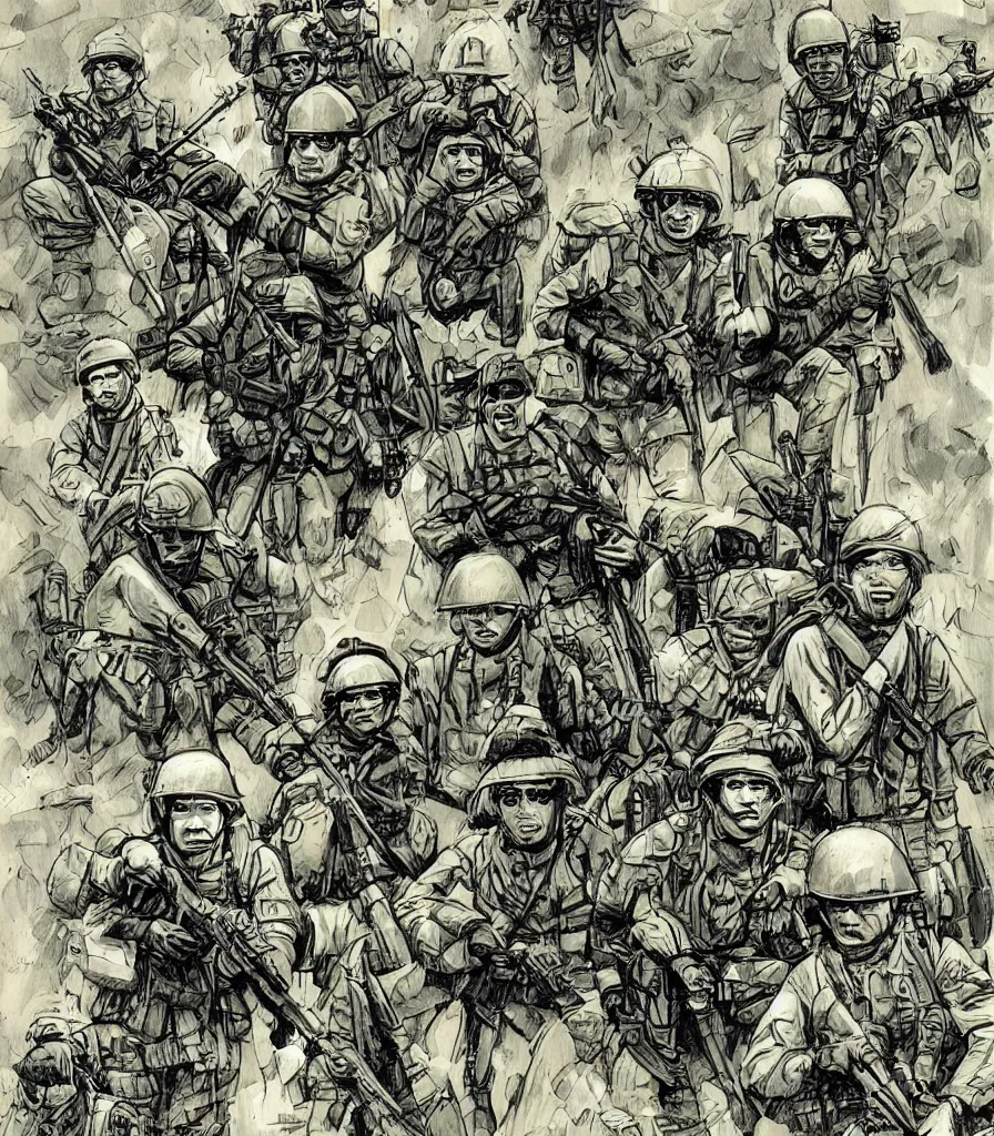 Prompt: vietnam war helicopter soldiers rain illustration in the style of jim lee