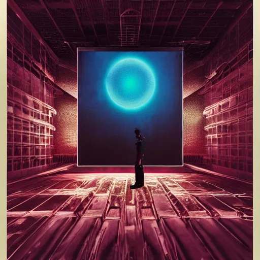 Image similar to photograph of a pastel screen print of a world locked in a mechanical box. Printed on thick paper of album artwork for the band TOOL designed by Ash Thorp.