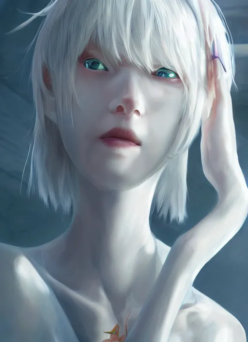 Image similar to albino rei ayanami, fluent composition, concept art, ambient light, 4 k, intricate details, highly professionally detailed, cgsociety, highly detailed -