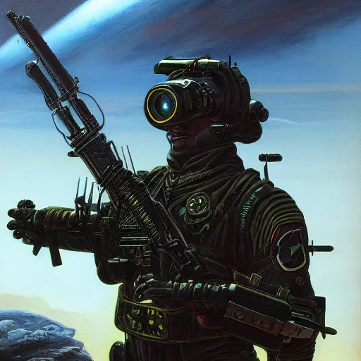 Image similar to painting of a futuristic soldier with advanced night vision goggles, military black outfit by jeff easley and peter elson, surreal + highly detailed, intricate complexity, epic composition, scifi atmosphere + masterpiece, award winning + trending on artstation
