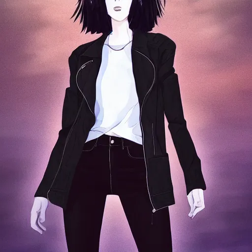 Image similar to 1 7 - year - old pale - skinned girl with black long bob cut, long bangs, black gothic jacket, black jeans, flying through sky, ultra - high jump, late evening, blue hour, cirrus clouds, pearly sky, ultra - realistic, sharp details, subsurface scattering, blue sunshine, intricate details, hd anime, 2 0 1 9 anime