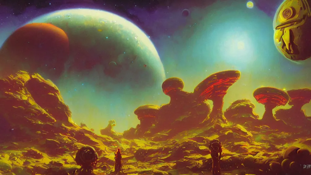 Prompt: strange alien planet by Paul Lehr