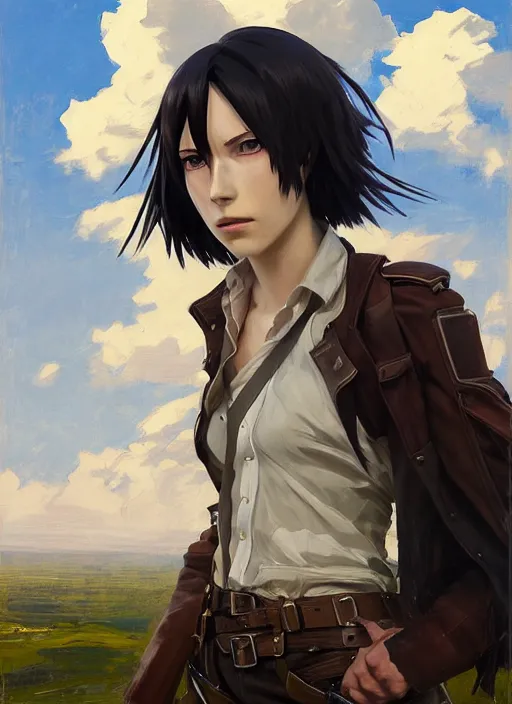 Prompt: portrait of Mikasa Ackermann of Attack on Titan, countryside, calm, fantasy character portrait, dynamic pose, above view, sunny day, thunder clouds in the sky, artwork by Jeremy Lipkin and Giuseppe Dangelico Pino and Michael Garmash and Rob Rey, very coherent asymmetrical artwork, sharp edges, perfect face, simple form, 100mm