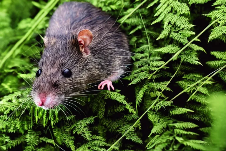 Prompt: photo, scary mutant monster rat chewing! an internet cable!! in the ferns, grass and rocks, highly detailed photo, intricate details, volumetric lighting, close up