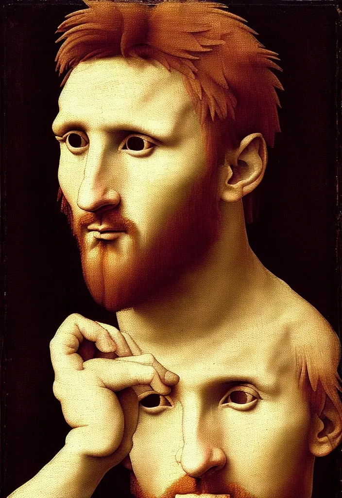 Image similar to “Lionel Messi with his face covered by a cropped out image of a renaissance painting by Michelangelo, art by Clvartspace, full body, photorealistic, grainy, cinematic, album cover aesthetic”