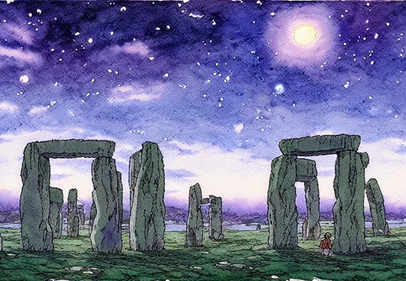 Prompt: a simple watercolor studio ghibli movie still fantasy concept art of stonehenge. a giant squid from princess mononoke ( 1 9 9 7 ) is in the sky. it is a misty starry night. by rebecca guay, michael kaluta, charles vess