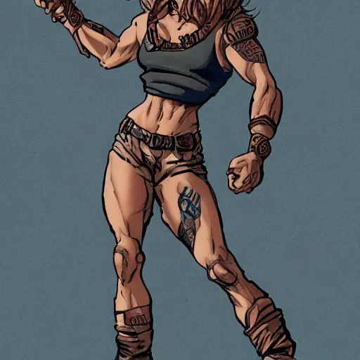 Prompt: a muscular bronze - skinned blue - eyed woman fighter, wearing a black cropped tank top, military pants, brown boots, wrapped arms, tribal tattoo on the right arm, wavy big red hair, 8 0's hairstyle, red gorgeous lips, highly detailed, cool action pose, mike mignola, trending on art station, illustration, comic book