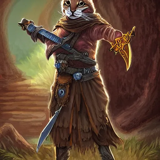 Prompt: hooded tabaxi wearing armor holding a sword, digital art