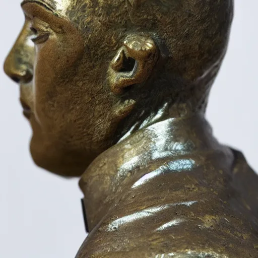 Prompt: detailed photo of an old bronze patina statue of a khamzat chimaev bust, intricate detail, museum lighting