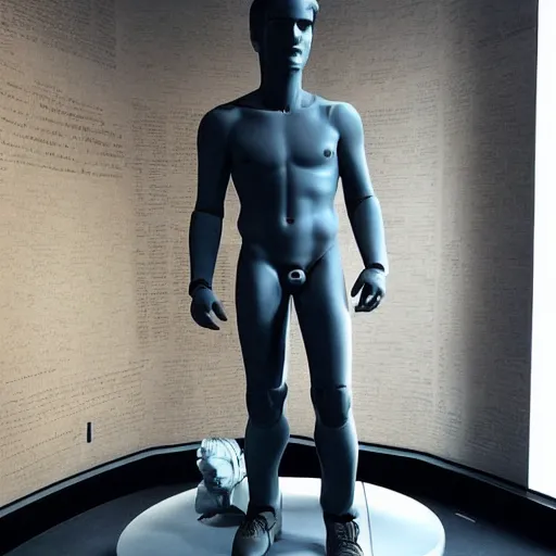 Image similar to “ a realistic detailed photo of a guy who is an attractive humanoid who is half robot and half humanoid, who is a male android, actor liam hemsworth, shiny skin, posing like a statue, blank stare, at the museum, on display ”