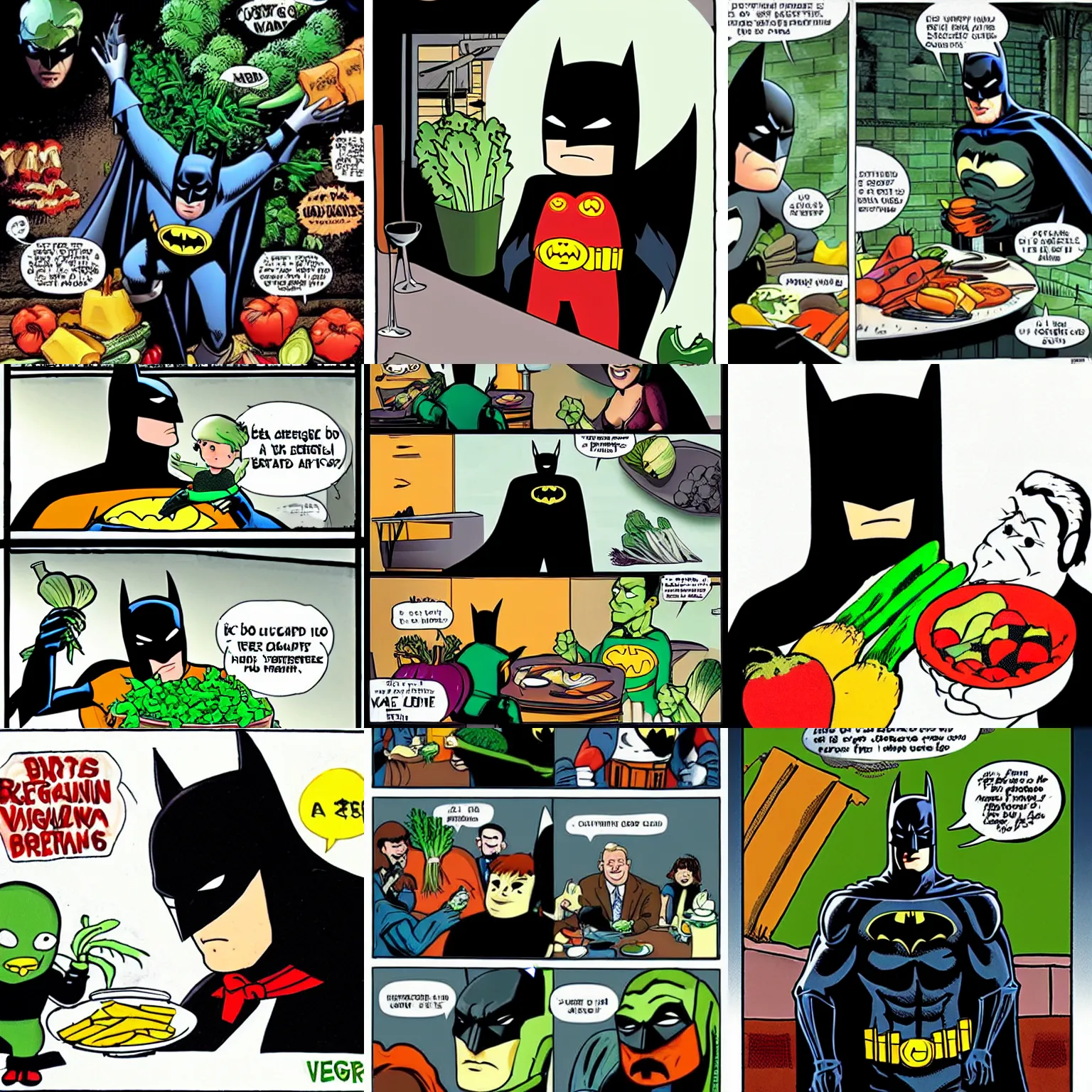 Prompt: batman eating vegetables
