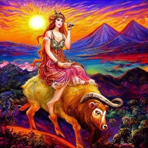 Image similar to a goddess riding a ram while checking her cell phone, erupting volcano and sunrise in distance in background, painting by josephine wall, senior concept artist, acrylic on canvas, intricately detailed, high resolution trending on artstation