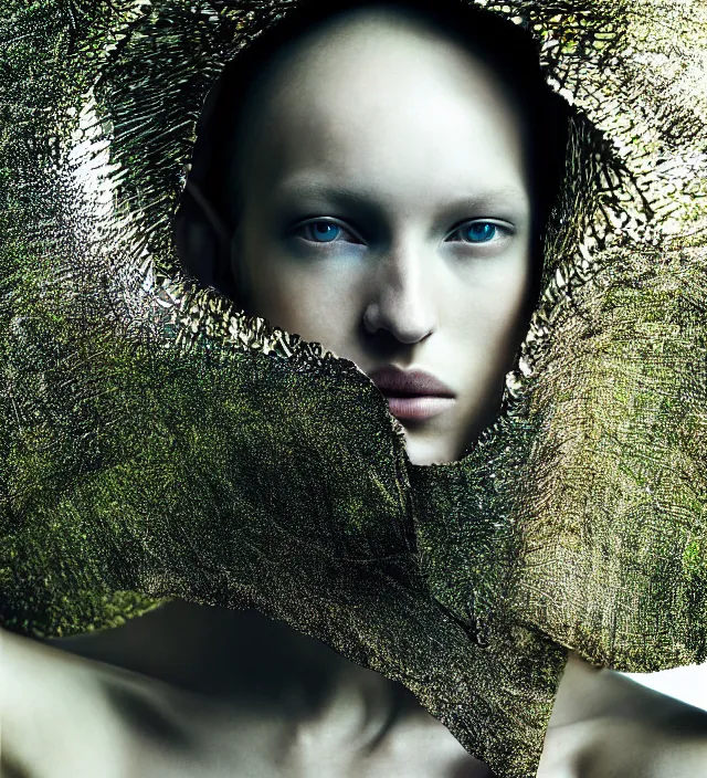 Image similar to photography face portrait of one female fashion model in rainforest, wearing one organic futurist cape designed by iris van herpen,, photography by paolo roversi nick knight, helmut newton, avedon, and araki, sky forest background, natural pose, highly detailed, skin grain detail