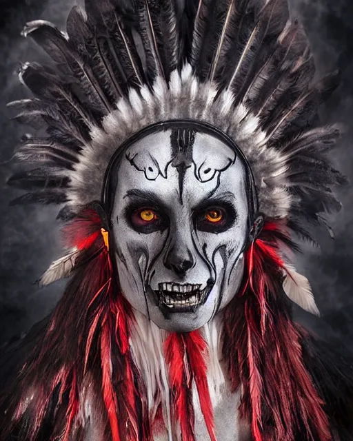 Image similar to wolf - human hybrid mutant ghost - spirit of the grim - warpaint wears the scarlet skull armor and native blood headdress feathers, midnight fog - mist!, dark oil painting colors, realism, cinematic lighting, various refining methods, micro macro autofocus, ultra definition, award winning photo, photograph by ghostwave - gammell - giger - shadowlord