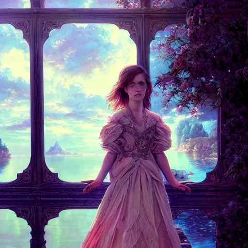 Image similar to emma watson as a beautiful young girl in intricate clothing by ross tran, walking in a castle, lake painted by sana takeda, rtx reflections, very high intricate details, painting, digital anime art, medium shot, mid - shot, composition by ilya kuvshinov, lighting by greg rutkowski