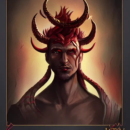 Prompt: dnd portrait of a tiefling, male, red scales, a big black beard, completely golden eyes, 2 ram horns growing out of his forehead,