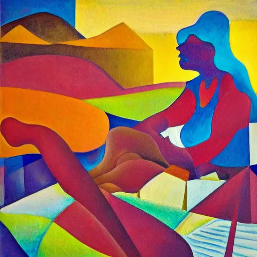 Prompt: woman stops by the river and weaves the stories for her community, abstract art in the style of cubism and Georgia o keefe,