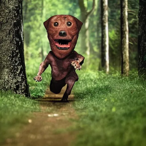 Image similar to a monster with head of a human and body of a dog running through the forest, trees looking like pommes