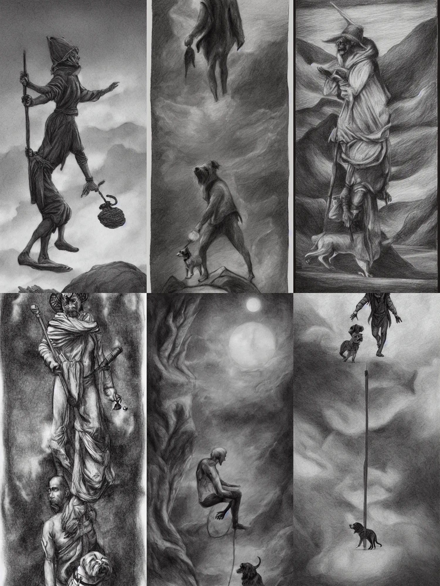 Prompt: The Fool tarot card, a man going on a journey, a a small dog at his feet, black and white graphite drawing, matte painting