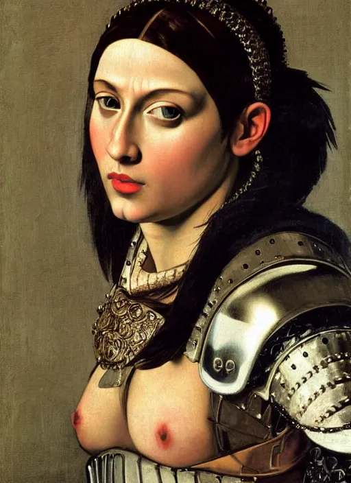Prompt: close - up portrait of beautiful young woman dressed gladiator with metallic armor, art by caravaggio