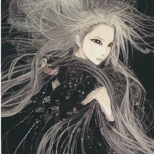 Image similar to yoshitaka amano blurred and dreamy realistic illustration of a japanese woman with black eyes, wavy white hair fluttering in the wind wearing elden ring armor with engraving, abstract patterns in the background, satoshi kon anime, noisy film grain effect, highly detailed, renaissance oil painting, weird portrait angle, blurred lost edges, three quarter view