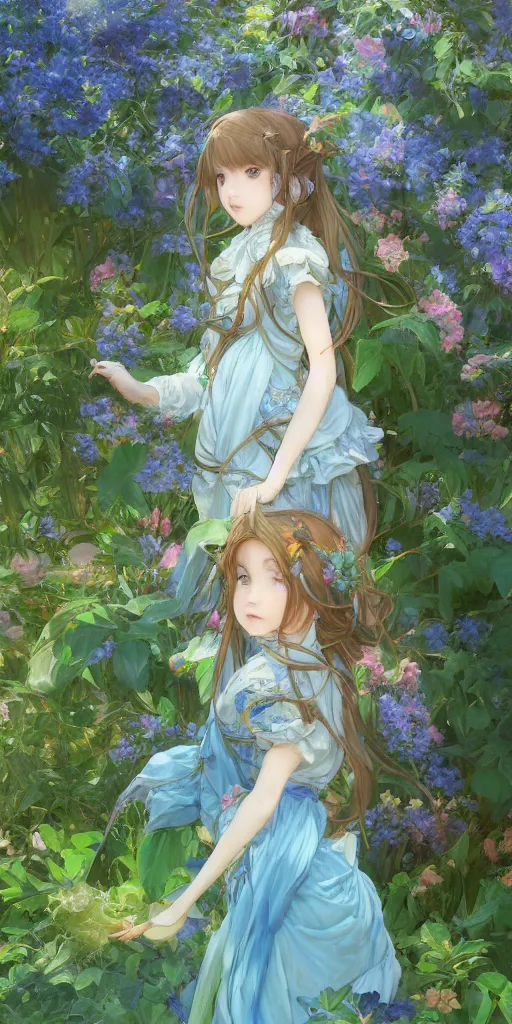 Image similar to a digital art of a loli with long hair in a dress in the privet garden at after noon, green and warm theme, blue flowers accents, back lighting, by krenz cushart and mucha and akihito yoshida and greg rutkowski, highly detailed, 4 k resolution, trending on art station