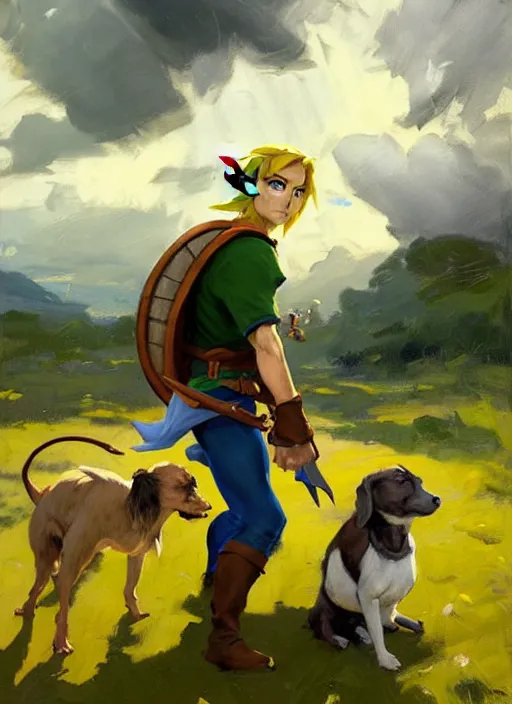 Prompt: Greg Manchess painting of Link from Legend of Zelda in casual wear out with the dogs, countryside, fantasy character portrait, dynamic pose, above view, sunny day, thunder clouds in the sky, artwork by Jeremy Lipkin and Giuseppe Dangelico Pino and Michael Garmash and Rob Rey, very coherent asymmetrical artwork, sharp edges, perfect face, simple form, wacky, 100mm