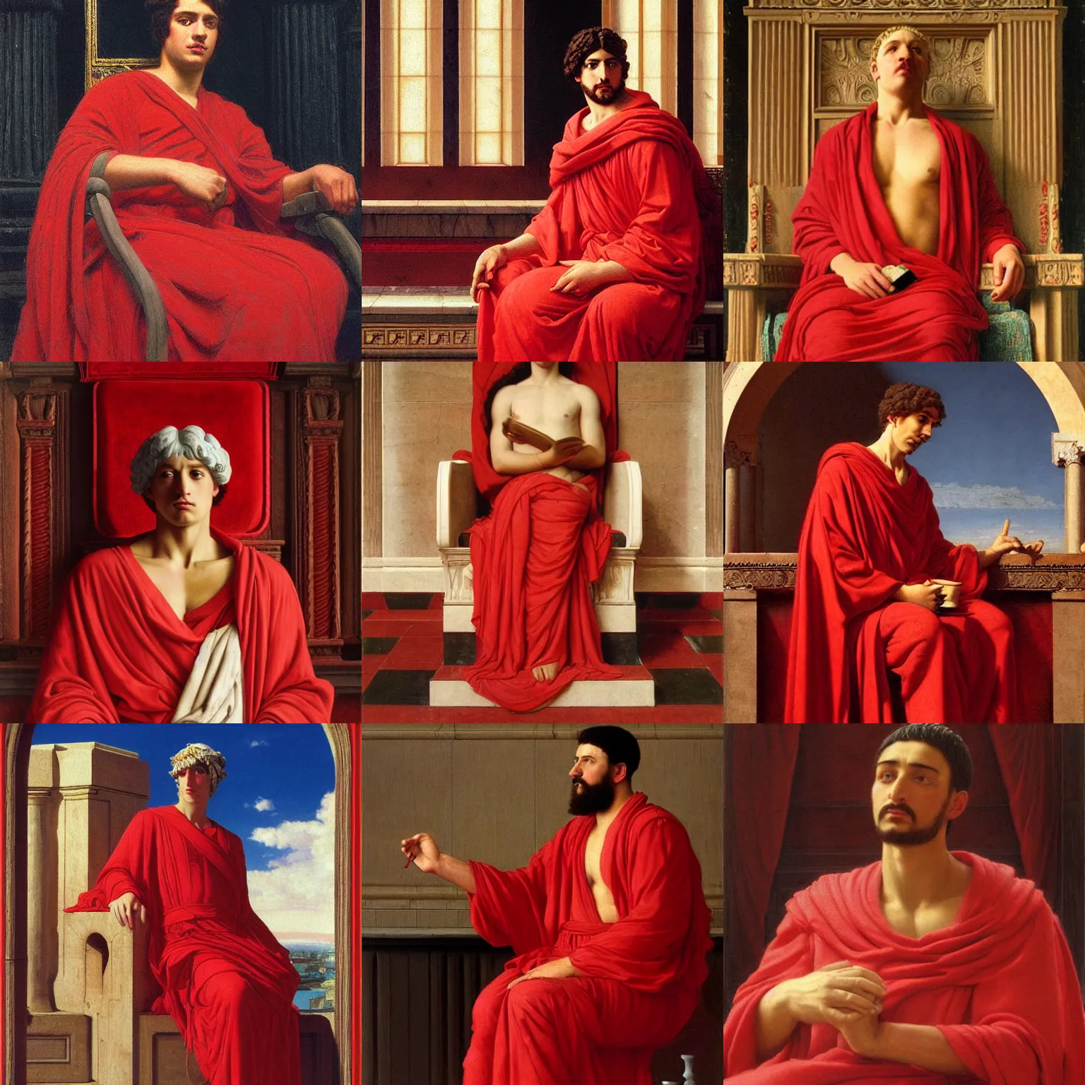 Prompt: a painting of a man in a red robe sitting on a throne, a statue by John William Godward, cgsociety, socialist realism, art, academic art, masterpiece