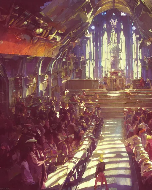 Prompt: craig mullins and ghibli digital matte art of a crowd in a futuristic church, priest, pews, ethereal, inviting, unreal engine, hyper realism, realistic shading, cinematic composition, realistic render, octane render, detailed textures, photorealistic, wide shot