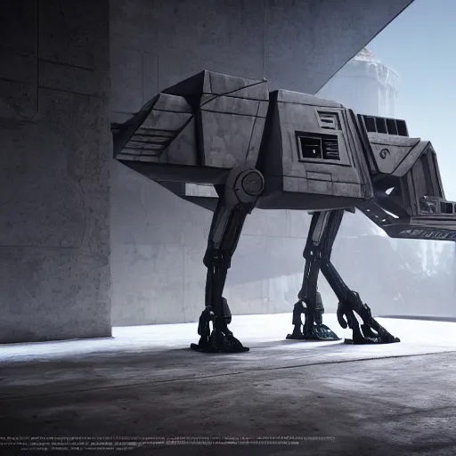 Prompt: a hyperrealistic octane render of a star wars at - at in the pose of the thinker, unreal engine, 8 k, dramatic lighting, volumetric lighting, hyper detailed, photorealistic