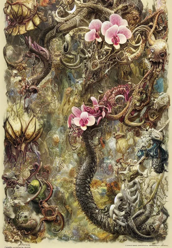 Image similar to simplicity, elegant, colorful muscular eldritch animals and mollusks and bones radiating from fractal, orchids, lilies, flowers, dragonflies, mandalas, by h. r. giger and esao andrews and maria sibylla merian eugene delacroix, gustave dore, thomas moran, pop art, cyberpunk, art nouveau