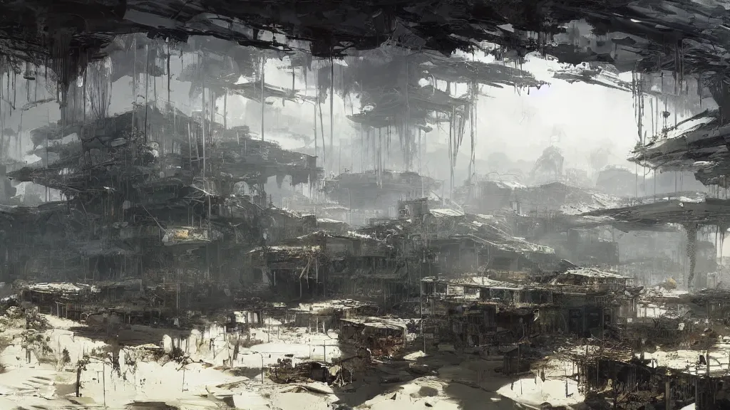 Prompt: post - apocalyspe settlement with houses, hydroponic farms, painted by tsutomu nihei, painted by craig mullins, painted by greg rutkowski