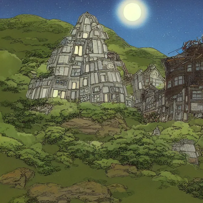 Prompt: a building in a landscape, by studio ghibli and chriss foss