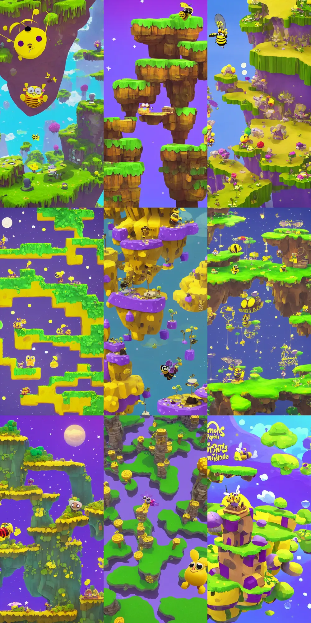 Prompt: a platform game about a cartoon cute bee that jumps on flying islands and collects coins against the backdrop of a starry sky, stylized 3 d, casual playrix games, township, wildscapes, the predominance of purple yellow and green colour scheme, 8 k, game screen, close up