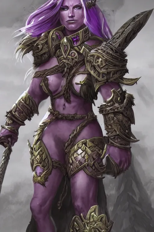 Image similar to world of warcraft concept art, barbarian warrior woman, long white hair, heavy armor with amethysts details