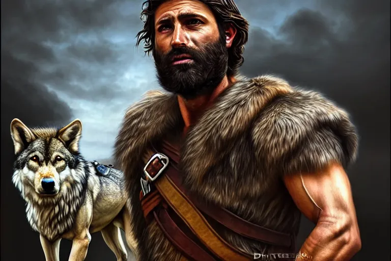 Prompt: photorealistic full body portrait of a gruff biblical ranger with a wolf, lean and toned, handsome face, hairy chest and hairy body, D&D, intricate, elegant, highly detailed, digital painting, artstation, concept art, matte, sharp focus, chiaroscuro, well lit, illustration, art by Artgerm and Greg Rutkowski and Alphonse Mucha