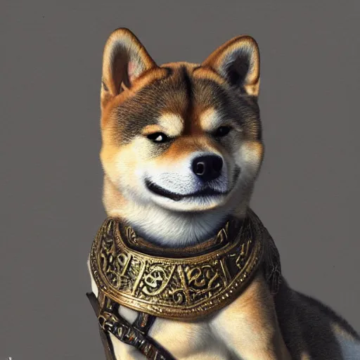 Image similar to detailed photorealistic painting of a shiba inu, wearing a highly detailed ornamented bronze „viking helmet with two horns“, sharp focus in the style of ruan jia, Mandy jurgens, cinematic light, concept art, trending on artstation, ultra realistic