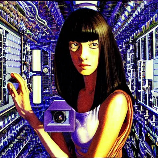 Prompt: symmetric! detailed! sci - fi painting of a beautiful female neuroscientist with dark hair trying to understand a microprocessor and neural networks and artificial intelligence, jean giraud!, ai!