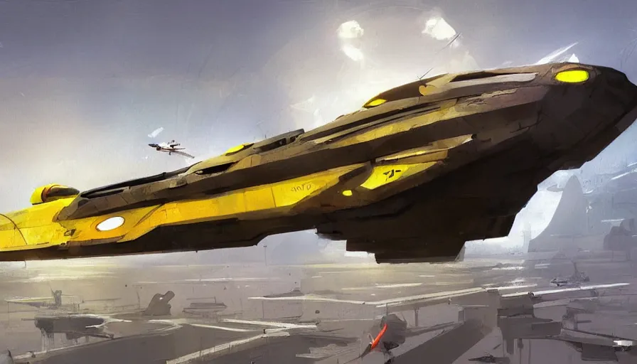 Prompt: a painting of a futuristic yellow submarine plane flying through the sky, concept art by Ian McQue, cgsociety, retrofuturism, artstation hq, concept art, sci-fi, wide angle