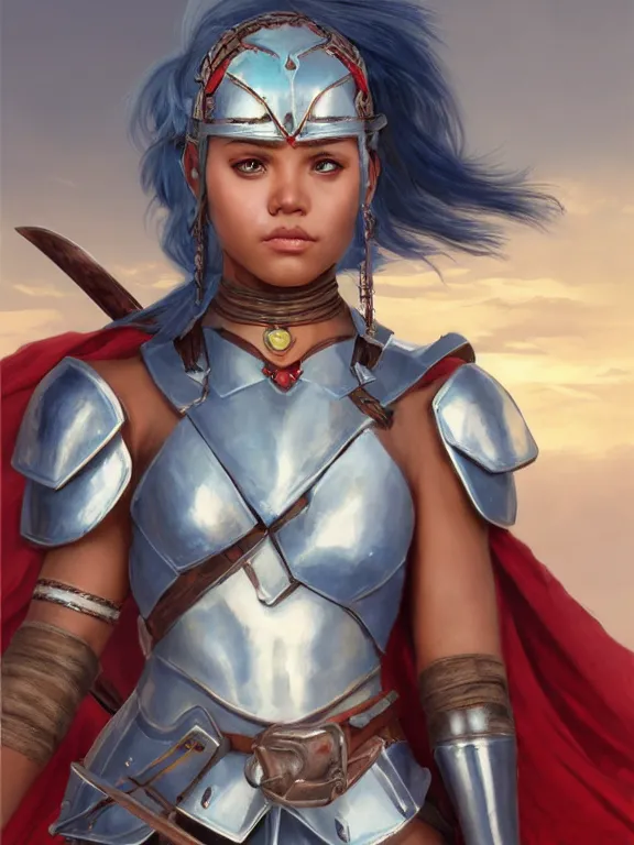 Prompt: frontview portrait of gladiator warrior lady, young, beautiful, graceful, dark skin, light blue hair, ponytail, big open green eyes, cute, red heavy armor, axes, posing, coliseum background, love interest, highly detailed, smooth, sharp focus, digital painting, by artgerm and greg rutkowski and alphonse mucha