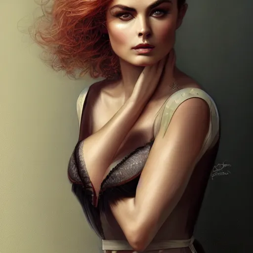 Image similar to tom bagshaw portrait, very beautiful erika eleniak in a full dress and long thin lustrous auburn hair, professionally retouched, focus eyes, ultra realistic soft painting, insanely detailed linework, symmetrical accurate intricate features, behance, 8 k