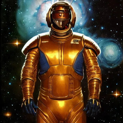 Prompt: photoreal portrait of a powerful black man in scifi armour, space nebula milky way background, by norman rockwell and boris vallejo, artstation, concept character art