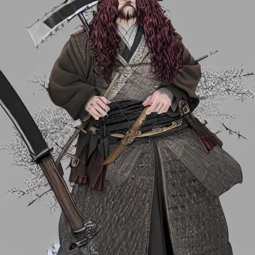 Image similar to detailed portrait of hagrid samurai with swords and steampunk rifles, in snow forest sakura cherry blossom, hakama kimono, trending on artstation elite, elegant, luxury, by krenz cushart, junji ito, takato yamamoto, perfect face, fine details, realistic shaded, fine - face, pretty face