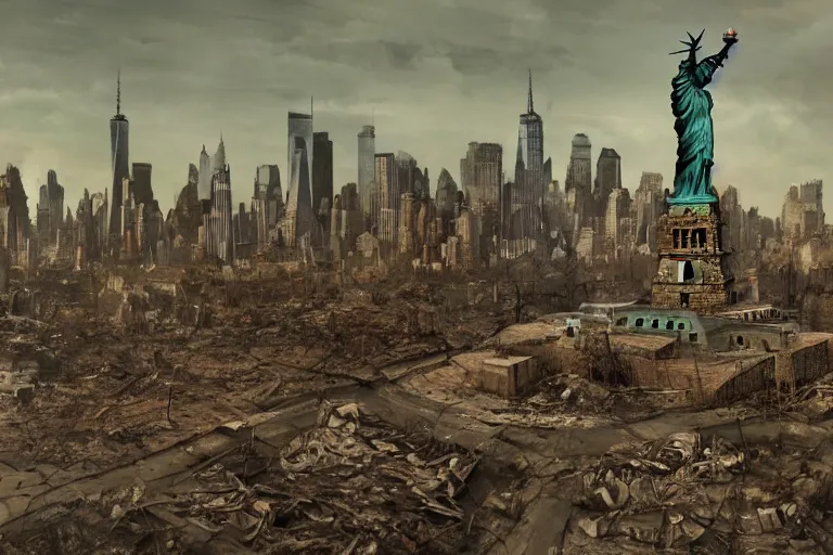 Prompt: The decayed and rotted statue of liberty after nuclear fallout, city of new york wasteland, concept art by Ray Lederer, fallout concept art, wallpaper, trending on art station